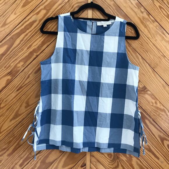 LOFT Ann Taylor Blue Check Plaid Side Tie Tank - Picture 3 of 7